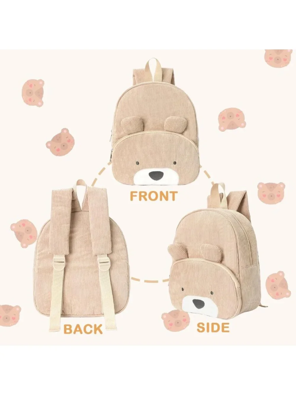 Cute Teddy Bear Corduroy Backpack for Toddlers 2-4, 3D Mini Kids Travel Bag